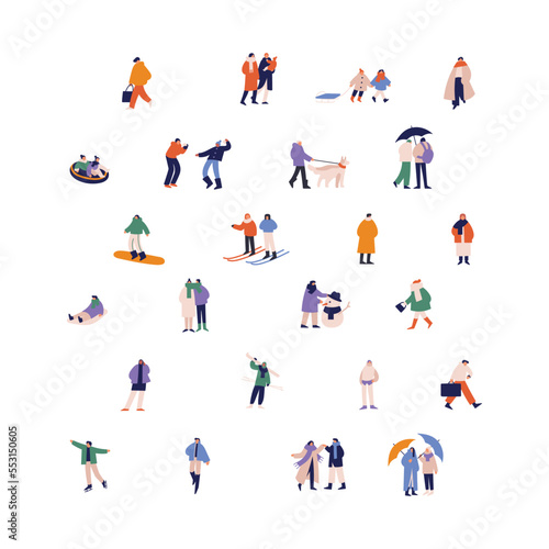Characters and winter holiday funs, outdoor activities set. People on street at wintertime, cold weather. Friends, families walking on vacation. Flat vector illustrations isolated on white background