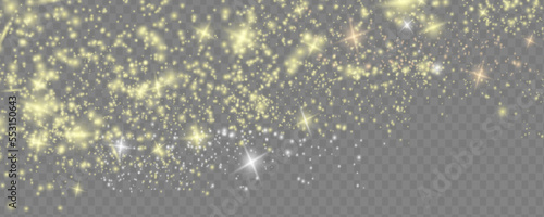 Sparkling magical dust particles .The dust sparks and golden stars shine with special light. Vector sparkles on a transparent background. Christmas light effect.