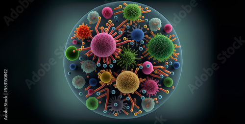 Antibiotics resistant concept with different bacteria and other microbes in a microscope view of a drop of medium, gut microbe 3d rendering