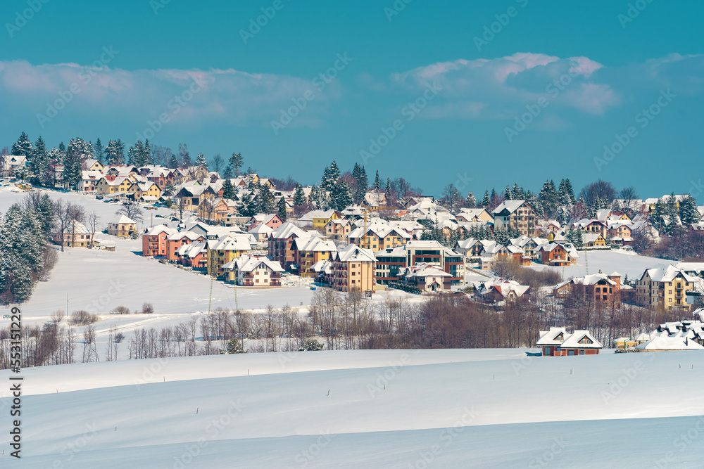 Beautiful Zlatibor landscape in winter with colorful houses and evergreen pine trees on hill covered in snow