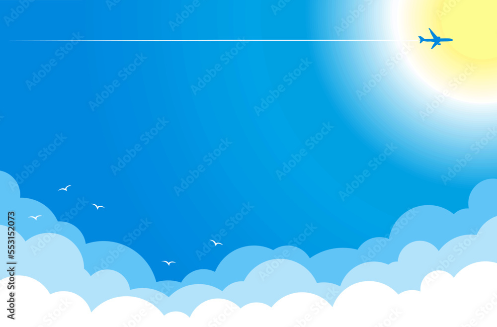 Plane in blue sky flies above clouds against backdrop of sun. Vector ...