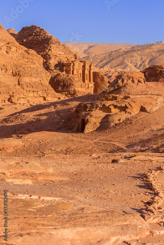 Ed Deir Monastery in the ancient city of Petra, Jordan sunset panoramic view, UNESCO World Heritage Site photo