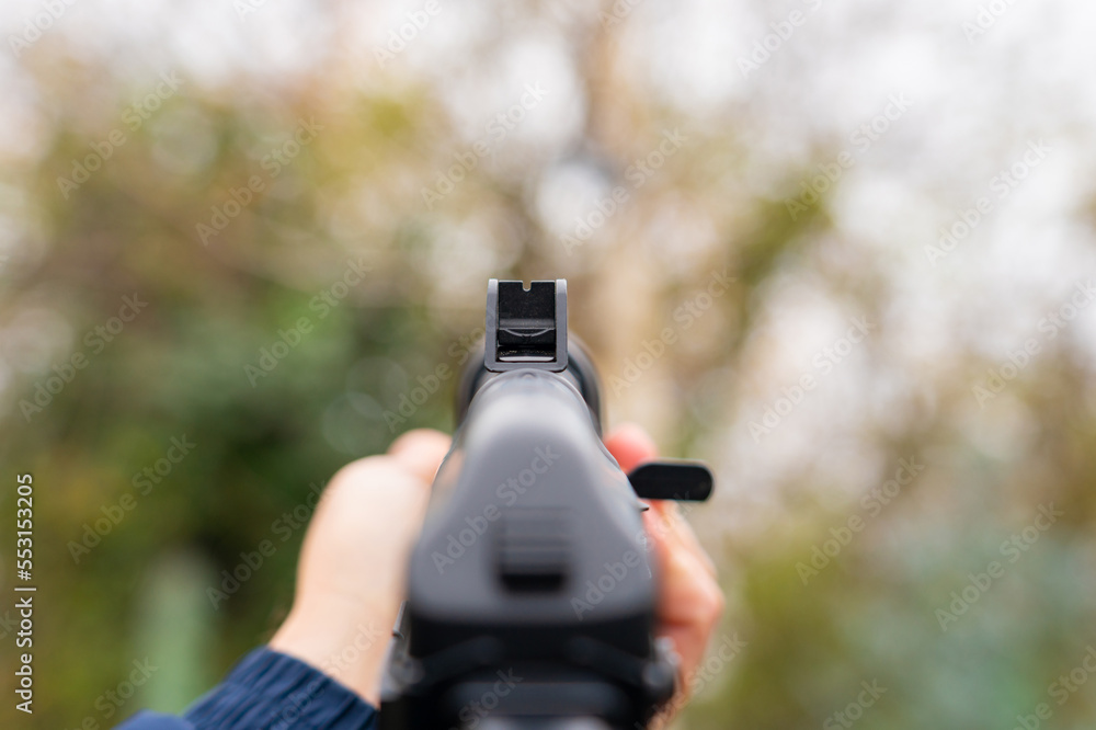 Assault rifle sight from the first person on the background of the ...