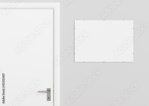 Blank white signboard hanging on the wall indoors. Empty signplate mock up. Name plate with copy space. Door sign template on entry in cabinet. Signage plate near to the door. Close up. 3D render. photo