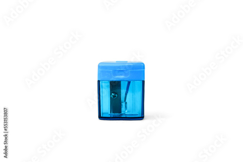 Foto Blue pencil sharpener isolated on white background.
