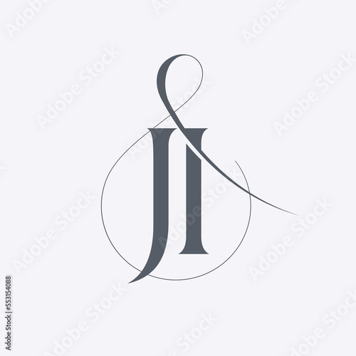 JI monogram logo signature icon.Alphabet initials isolated on light fund.Serif letter i, letter j.Lettering sign.Decorative ampersand, beauty boutique, wedding style characters.Elegant typography.