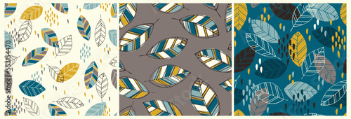 Set of scandinavian doodle pattern with vintage leaves sketch. Ideal for wallpaper, surface textures, textiles.