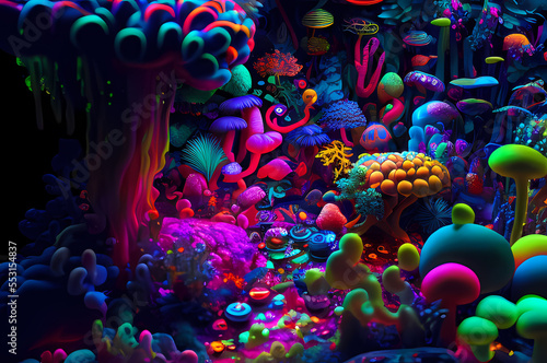 Fluorescent Dreamy Mystical colorful glowing fantasy world Imagination of start of mind © A J