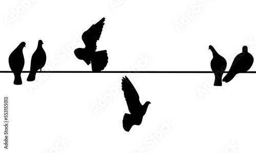 Silhouette of a group of pigeons sitting on a wire on a white background. Black bird perched. Vector illustration