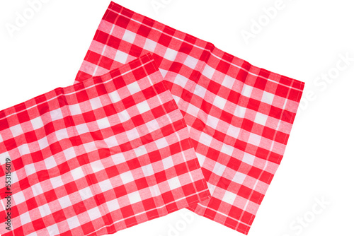 Closeup of a red white checkered napkin or tablecloth texture isolated on a white background. Kitchen accessories. Top view.