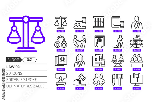 Law 03 related, pixel perfect, editable stroke, up scalable, line, vector bloop icon set.