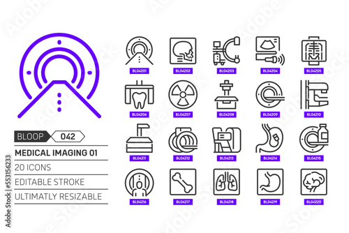 Medical imaging related, pixel perfect, editable stroke, up scalable, line, vector bloop icon set.
