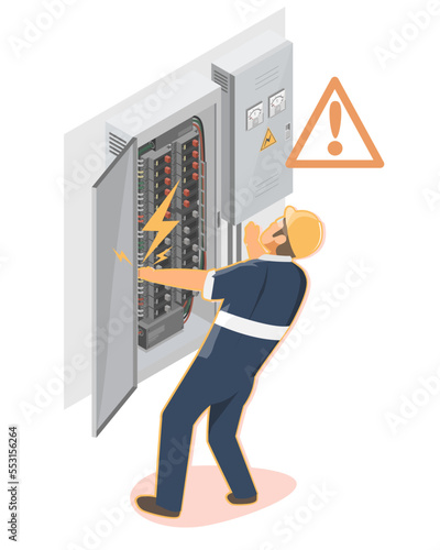 Worker is Injured electric shock accident electricity box power employee negligence technicians engineering checking service maintenance isometric isolated vector