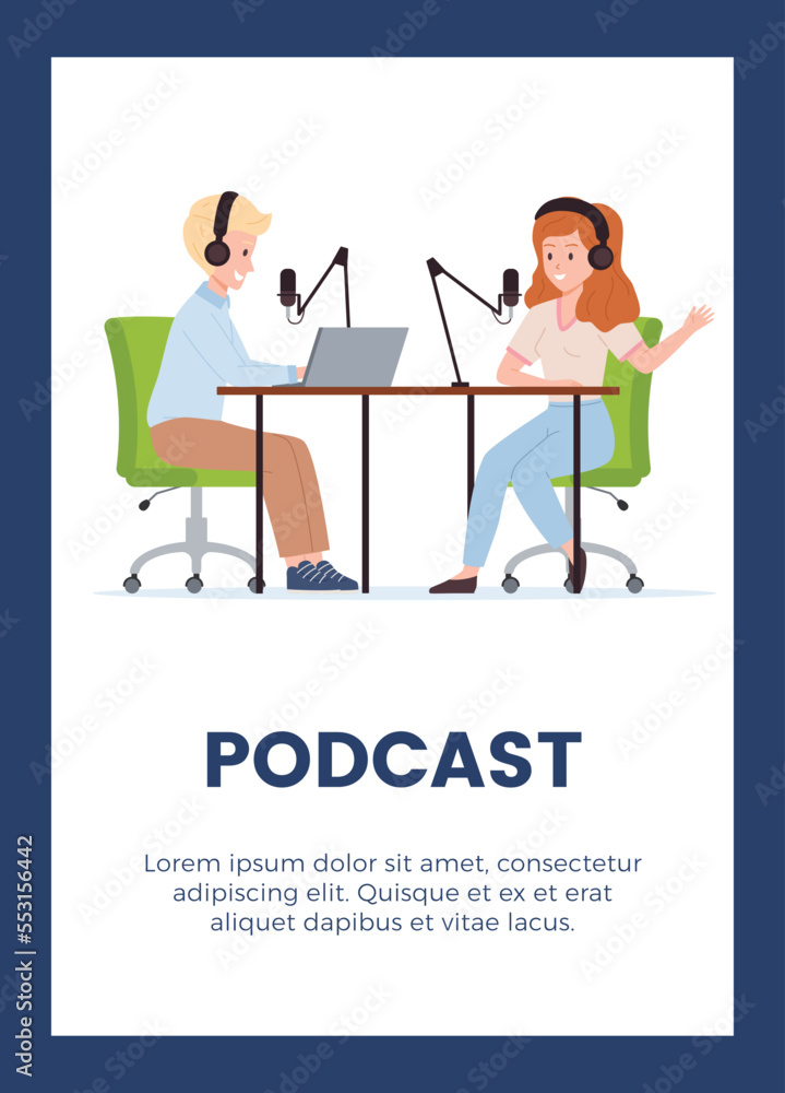 Podcast show banner or poster for social media template flat vector illustration.