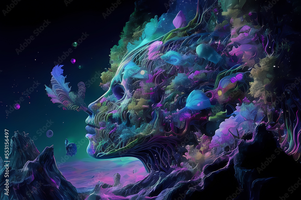 Naklejka premium Fluorescent Dreamy Mystical colorful glowing fantasy world Imagination of start of mind