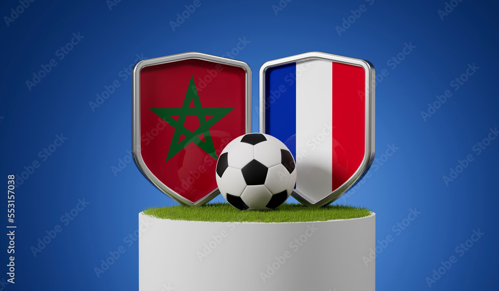 Fototapeta premium Morocco vs France flag soccer shield with football ball on a grass podium. 3D Rendering