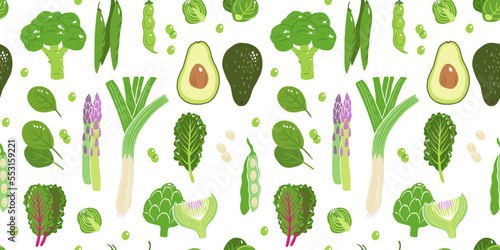 Green vegetables seamless pattern. Vector set of vegan stuff. Avocado, artichoke, asparagus, kale, broccoli, beans, green peas, spinach. Healthy nutrition.