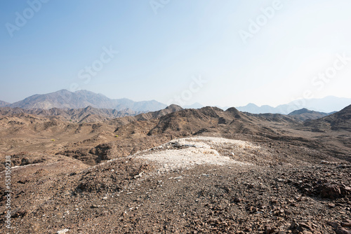 Horizontal landscape of the beautiful Hajar Mountains of the United Arab Emirates with clear blue sky, UAE,