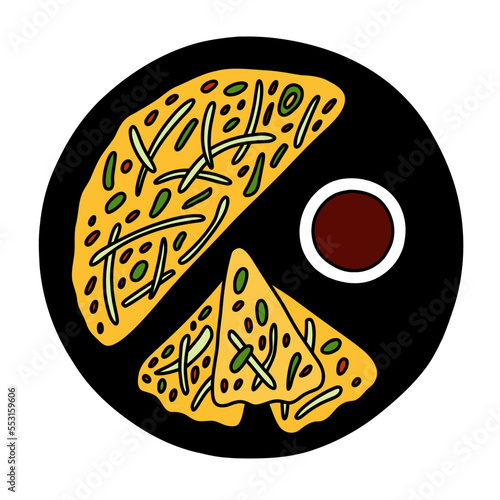 Pajeon with soy sauce oh the plate, korean traditional food. Vector illustration.