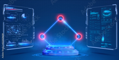 Blank display, stage or podium for show product in futuristic cyberpunk style. Technology demonstration. Futuristic circle 3D lab stage with HUD elements. Hologram of dashboard with graphs and data.