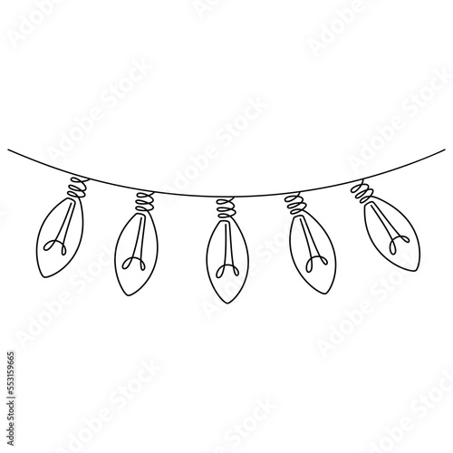 Vector outline light bulbs garland one line continuous drawing. Hand drawn linear illustration. Minimal design element for print, banner, card, wall art poster, brochure, postcard, background.