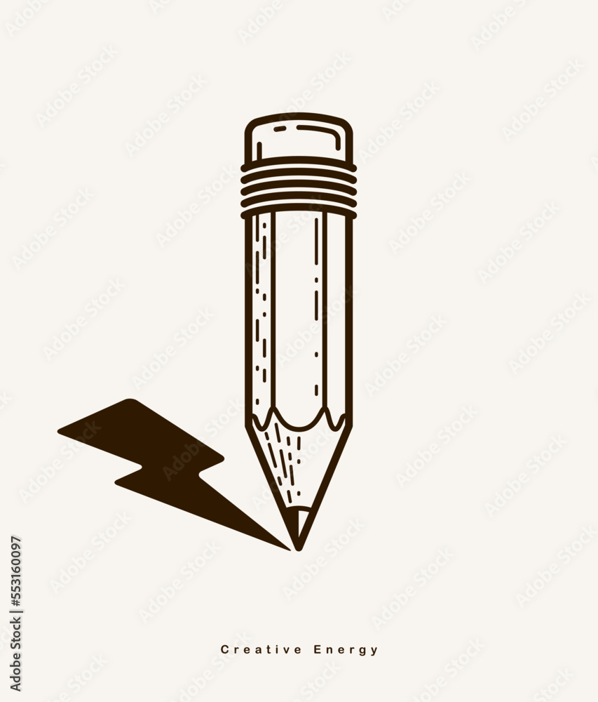 Pencil with lightning bolt vector simple trendy logo or icon for designer or studio, creative energy, bright design, linear style. Pencil with lightning bolt vector simple trendy logo or icon for designer or studio, creative energy, bright design, linear style.