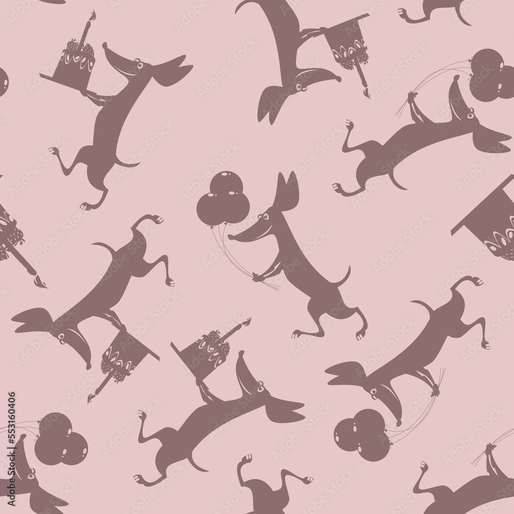Cheerful dachshunds carries birthday cakes and air balloons. Happy Birthday! Seamless background pattern Cheerful dachshunds carries birthday cakes and air balloons. Happy Birthday! Seamless background pattern
