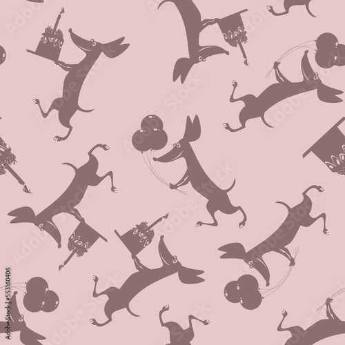 Cheerful dachshunds carries birthday cakes and air balloons. Happy Birthday! Seamless background pattern
