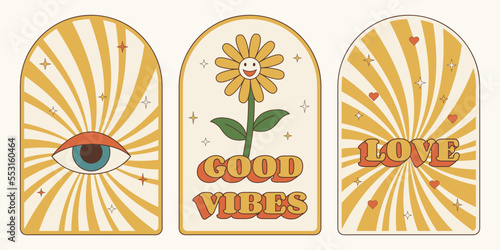 Retro Groovy 70s poster set. Vintage hippy style collection.	
