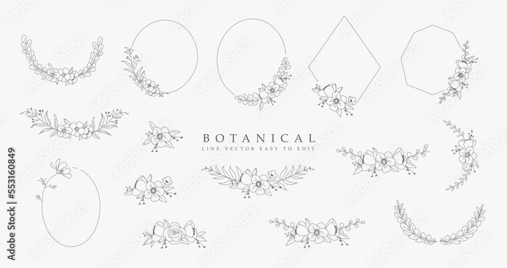 Botanical Line collection hand drawn vector set of frames, borders, plants element. of foliage, herbs, leaf branch, floral, flowers, roses, Botany design elements for logo, wedding, invitation, decor