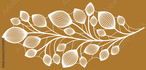 Beautiful linear floral vector design on dark, leaves and branches elegant text divider border element for layouts, fashion style classical emblem, luxury vintage graphics.
