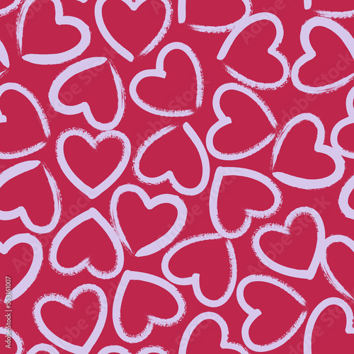 Seamless pattern with hand drawn pink hearts on magenta background. Hand painted ink brush strokes. Vector grunge romantic backdrop.