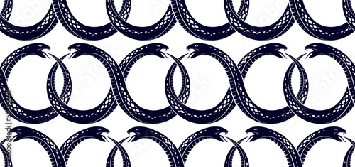 Repeat snakes seamless vector pattern, tiling endless background with venom reptiles in vintage style, subculture rock n roll and hard rock theme.