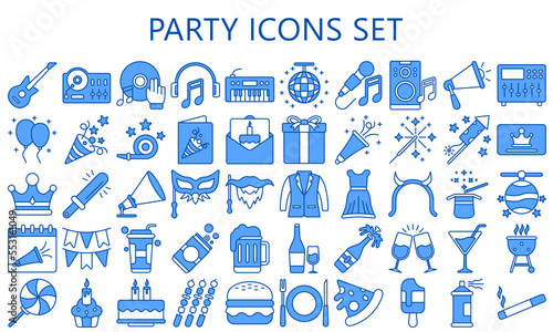 Simple Set of Party Related Vector Line Icons. Contains such Icons as music, food, Dj, Masquerade and more. vector EPS 10 ready convert to SVG. use for modern concept, UI or UX kit, web and app.