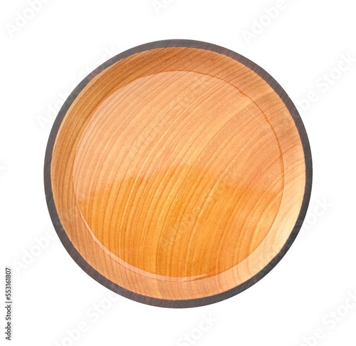 Wooden bowl with water isolated on white, top view
