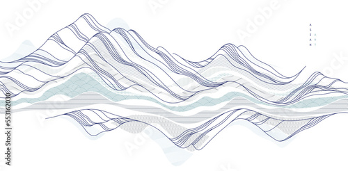 Abstract oriental Japanese art vector background, traditional style design, wavy shapes and mountains terrain landscape, runny like sea lines.