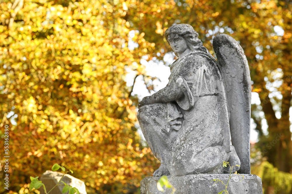 Beautiful statue of angel at cemetery, space for text Beautiful statue of angel at cemetery, space for text