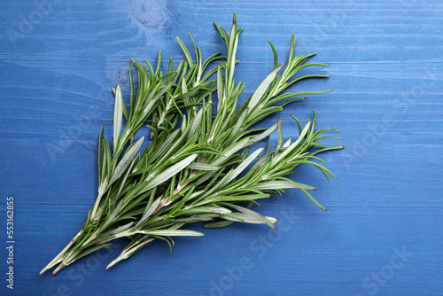 Sprigs of fresh rosemary on blue wooden table, top view photo