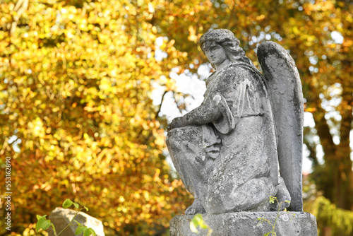 Beautiful statue of angel at cemetery, space for text