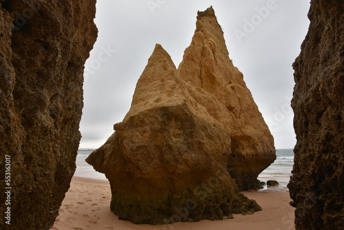 Closeup of rock formations at beach in Armacao de Pera