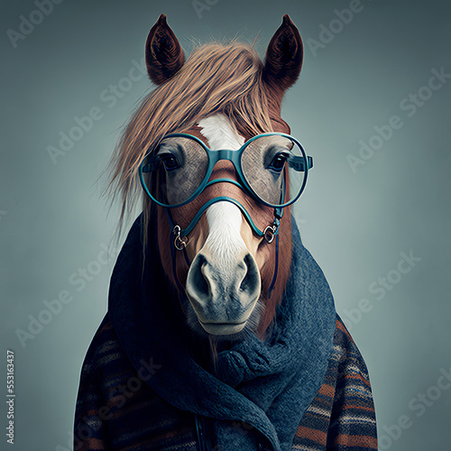 Hipster horse wearing clothes and glasses. Rabbit portrait. Generative ai