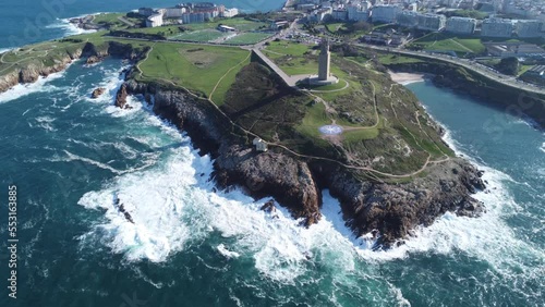 Scenic Drone Aerial Footage of A Coruña, Galicia, Spain, including USESCO World Heritage Site - Tower of Hercules - oldest existent lighthouse known.