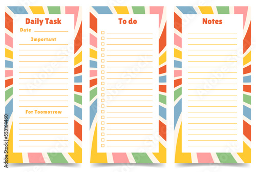 Set of planners, daily tasks, to do list, notes pages template. Vertical journal on abstract colorful striped rays pattern background. Vector illustration
