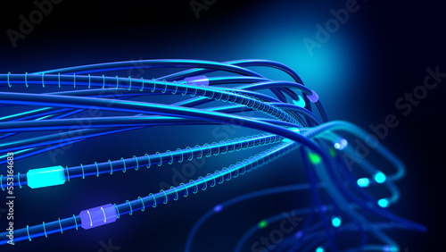 Data stream, network cable, neon lights twisted wire. 3D illustration of nanotechnology business solutions in internet communication