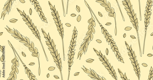 Seamless pattern of wheat grains in minimalistic line drawing on yellow background. Bakery background concept.