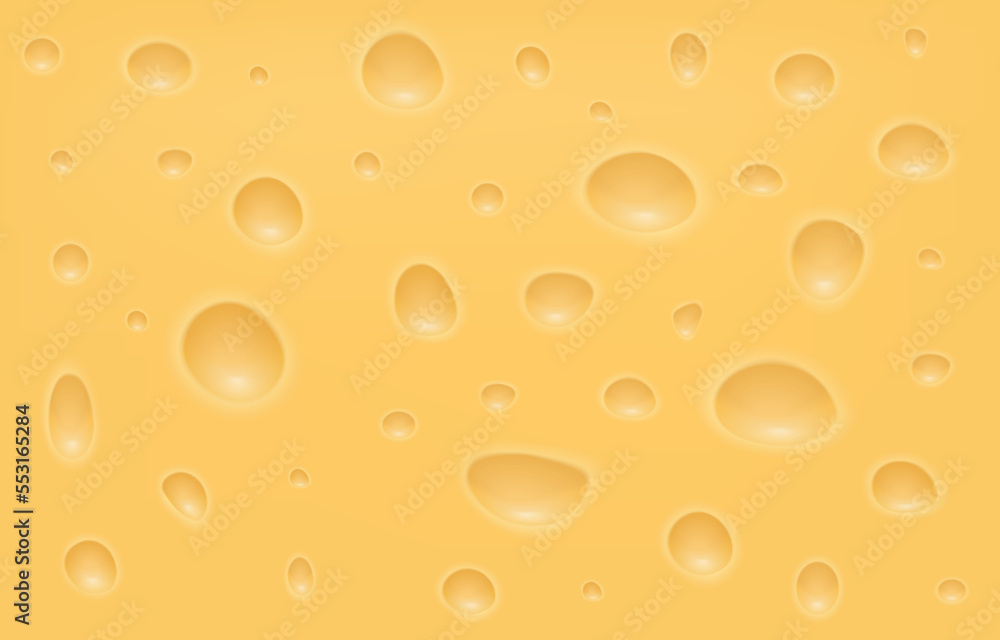 Swiss cheese texture, traditional emmental, yellow cheddar. Appetising switzerland milk product, macro food wallpaper. Different size holes. Vector illustration neoteric background