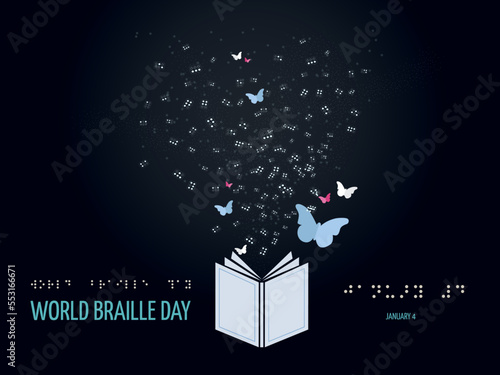 World Braille Day
Open book and out of it come out the letters on braille cards on a dark background and some butterflies flying.