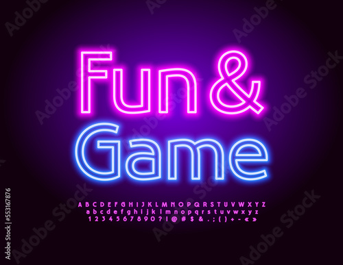 Vector neon banner Fun and Game. Violet glowing Font. Electric Led Alphabet Letters, Numbers and Symbols set