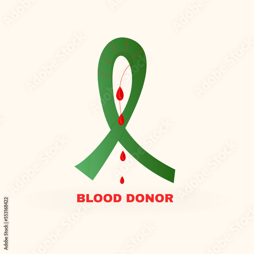 Blood donor. Donation of blood for transfusion to people who are in need after severe injuries and surgeries. A green ribbon rewound with a thread of blood. For logo, banner, flyer. Vector 
