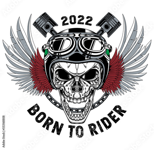 skull with wing and piston, skull vector, rider design, piston and glasses, born to rider, chain